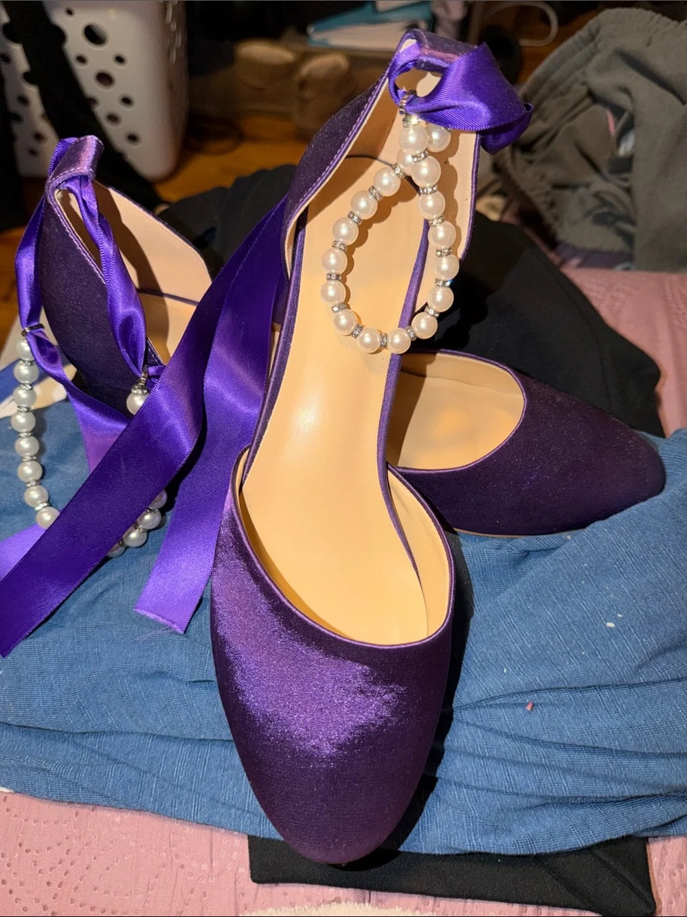 Purple Satin Pearl-Ankle Tie Women's Heels